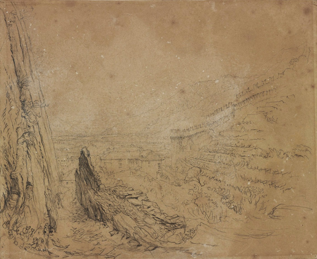 John Ruskin Bellinzona: The Salita della Nocca going up to Montebello Castle, 1858 Pencil on brown wove paper, 8 15/16 in. x 10 7/8 in, 227 x 276 mm Bowdoin College Museum of Art, Brunswick, Maine, USA, Gift of Miss Susan Dwight Bliss 1956.24.264d as ‘Landscape Study (Bellinzona)’ This drawing has long been identified as Bellinzona, but the viewpoint is here precisely identified for the first time. Photograph courtesy of Bowdoin College Museum of Art To view this image in Bowdoin’s own online catalogue, please click on the following link and use your browser’s ‘back’ button to return to this page: http://artmuseum.bowdoin.edu/Obj4228?sid=27317&x=16558 