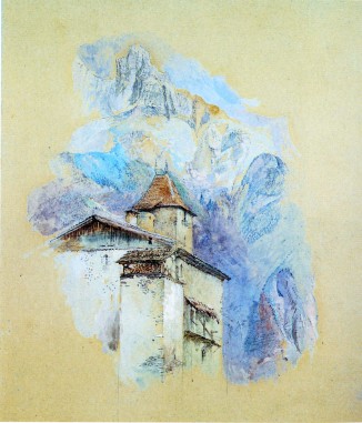 John Ruskin (1919-1900) The Chateau des Rubins, Sallanches, with the Aiguille de Varan beyond, 1860 Pencil and watercolour on paper, originally blue, 8 1/2 x 7 5/8 ins, 217 x 194 mm Private Collection, sold Sotheby’s, London, 5 June 2008 no.243 Photograph courtesy of Agnew’s (2003) The watercolour has recently been on the London art market with Stephen Ongpin Fine Art. To see the catalogue entry on their website click on the following link, and use your browser’s ‘back’ button to return to this site. http://www.stephenongpin.com/John-Ruskin-1819-1900-The-Chateau-des-Rubins-Sallanches-with-the-Aiguille-des-Varens-Beyond-DesktopDefault.aspx?tabid=6&tabindex=5&objectid=620029&categoryid=15062