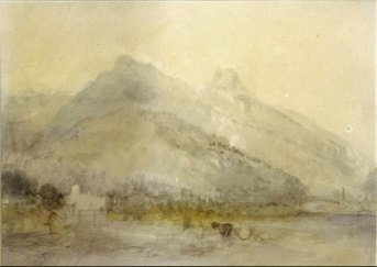 J.M.W.Turner ?Looking down the river Arve to Sallanches at the left and St Martin bridge and church at the right, 1836 Watercolour on off-white white wove paper, a little discoloured, 9 x 12 1/2 ins, 225 x 315 mm Private Collection This watercolour was called ‘An Alpine River Landscape’, when offered at Christie's, London - 12 July 1988 No. 194. In notes, I have suggested that the subject might be a view down the Arve o Sallanches at the left and St Martin bridge and church at the right. The distant mountain profiles correspond in general terms, but I am unsure about the view evidently up to Sallanches at the left. Photograph courtesy private collection.