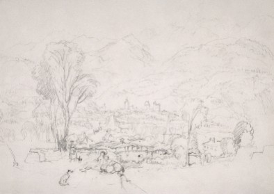 J.M.W.Turner Sallanches, near Chamonix, from St Martin, 1836 Pencil on paper, 9 x 12 5/8 in, 230 x 322 mm The Fitzwilliam Museum, Cambridge , no.156 Showing the view from St Martin, looking over the bridge to Sallanches. It is of a strikingly different character to the run of sketches discussed in the main text of this article. Here Turner is in much less sublime mode, and populates his foreground with many entertaining and picturesque figures and details. The spirit seems much more in tune with say the sentiment of illustrations for the popular landscape ‘Annuals’ of the 1830s, and the subject may have been developed in some measure for the benefit and instruction of Turner’s travelling companion, H.A.J.Munro of Novar. This and the previous sketch was owned by John Ruskin. He made his penultimate visit to Sallanches and St Martin in 1882 and on that occasion he mulled over the prospect of buying the then derelict Hotel du Mont Blanc at St Martin. He took the fact of the drawings coming into his hands as a sign. Image courtesy of the Fitzwilliam Museum. To see the image in the Fitzwilliam’s own online catalogue click on the following link, then press your browser’s ‘back’ button to return to this page. http://www.fitzmuseum.cam.ac.uk/support/friends/opac/cataloguedetail.html?&priref=13978&_function_=xslt&_limit_=10