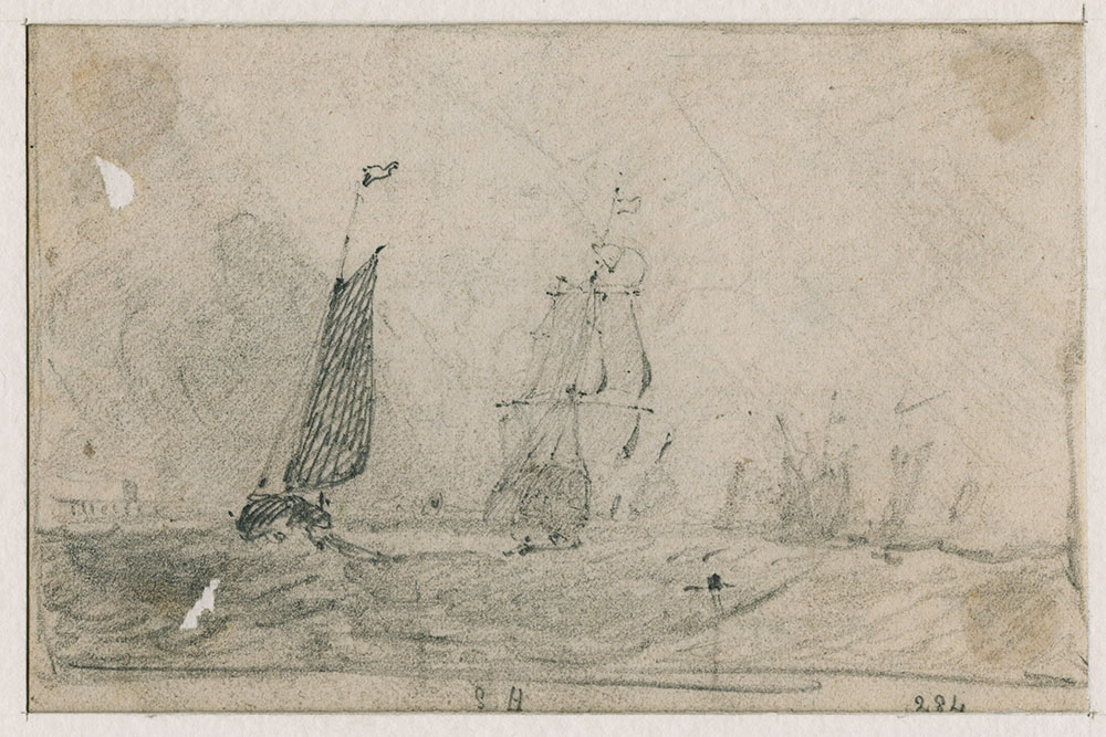 John Sell Cotman Study after JMW Turner's painting 'Helvoetsluys : the City of Utrecht, 64, going to Sea', exh RA 1832 no.284. Called 'Shipping Off Yarmouth', 1832 Graphite on thin, off-white [Kitson 1926 says grey] wove paper, somewhat darkened and glue-stained in the corners, 93 x 142 mm, 3 5/8 x 5 5/8 ins, holed towards the upper and lower left, where previously glued down. Inscribed 'S H', lower edge centre and '284' lower right. Leeds Art Gallery , LEEAG.1949.0009.0067 Photograph courtesy of Leeds Art Galleries Click on image to enlarge 