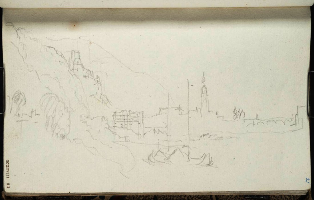 J M W Turner Heidelberg Castle and Bridge from upstream, 1833 From the Heidelberg up to Salzburg sketchbook, Tate, London, D29854; Turner Bequest CCXCVIII 21 as ‘Heidelberg: View down the Neckar from East of the Town’ Photo courtesy of Tate To view this image in Tate’s own catalogue of the Turner bequest, click on the following link, and use your browser’s ‘back’ button to return to this page.  http://www.tate.org.uk/art/artworks/turner-heidelberg-view-down-the-neckar-from-east-of-the-town-d29854  