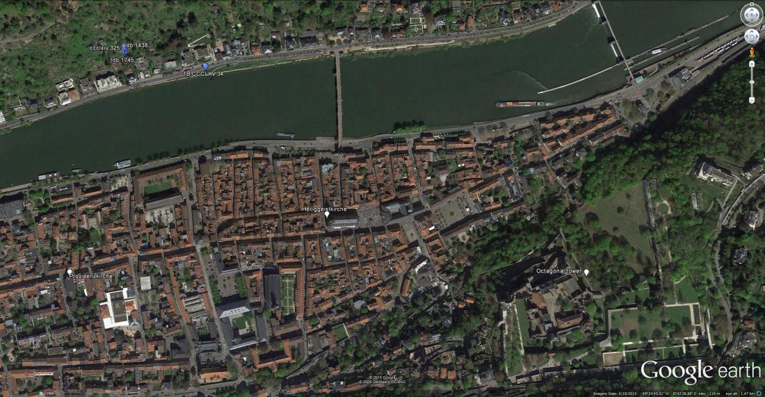 Google Earth: Heidelberg Aerial View Showing viewpoint of three on-the-spot sketches, plus that of the 1841-2 watercolour. The identification of these subjects as Heidelberg has proved less than straightforward, but I feel convinced that Turner’s new viewpoint is a little further downstream, and slightly higher up, since the relation between the castle and church is consistent with a downstream viewpoint and the lantern of the spire of the Heiliggeistkirche is on a level with the top of the castle, suggesting a level forty or fifty feet above the river. This exact viewpoint is no longer accessible, being behind the houses on the Neuenheim Landstrasse, but it is not so very much higher than the road, and nowhere as high as the famous strolling route the Philosophenweg, which cuts across the slope here high above the river.  This image is best viewed at full-size. Click on the image to enlarge and use your browser’s ‘back’ button to return to this page. 