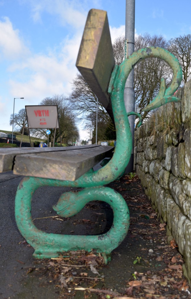 Serpent bench at Kirkby Lonsdale Photograph by David Hill, taken 25 March 2016, 10.47 GMT Only one of the four serpent castings (the furthest down the hill) retains its forked tail.